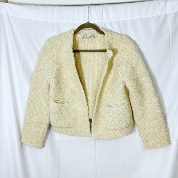 ZARA WOMEN BOUCLÉ CREAM KNIT BLAZER  SWEATER SZ M - Picture 1 of 5